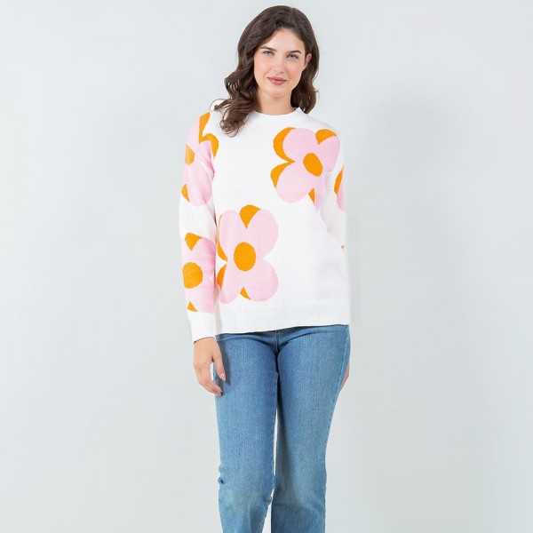 Wholesale soft Knit Large Outlined Retro Flower Sweater Pack Crew Neckline Cuffe
