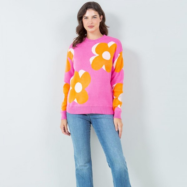 Wholesale soft Knit Large Outlined Retro Flower Sweater Pack Crew Neckline Cuffe