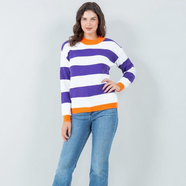 Wholesale oversized Knitted Stripe Sweater Pack Crew Neckline Cuffed Sleeve Long