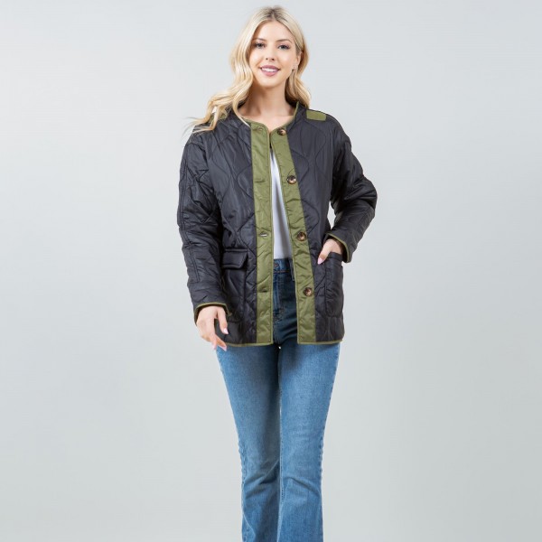 Wholesale quilted Puffer Shacket Open cuffed sleeves Two border accent Polyester