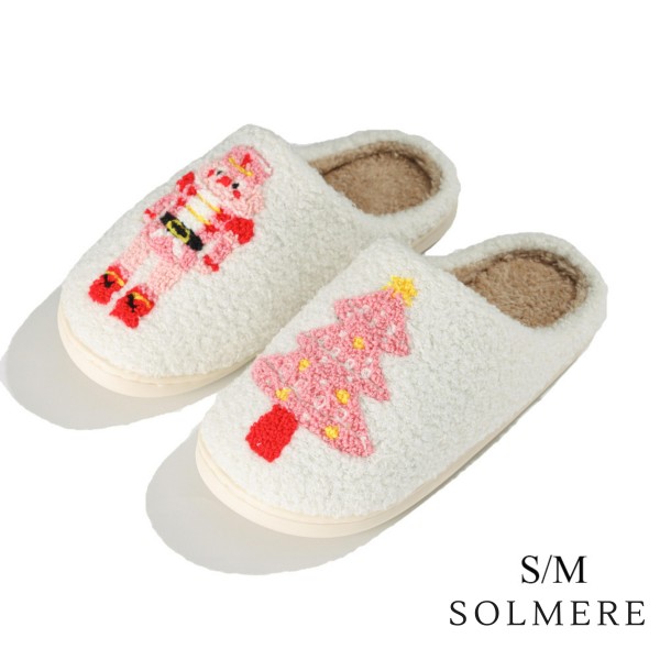 Plush Nutcracker & Christmas Tree Slide On Slippers

- US Women's Size: S/M (6-8) M/L (8-10)
- 100% Polyester
- Rubber Sole