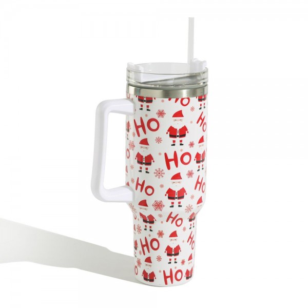 HO HO HO Santa Printed 40oz Double Wall Stainless Steel Vacuum Tumbler With Handle

- Screw On Matching Lid With Contrast Grip Featuring 3 Positions (Straw, Wide Mouth & Full Cover)
- Sturdy Handle (3.5" W Handle Opening)
- Straw Included (12" L) *
- Approximately 9.5" L X 3.5" D
- Cup Holder Friendly Design