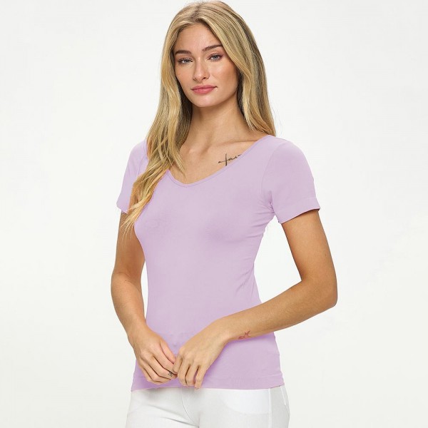 Wholesale women s Seamless Reversible V Neck Short Sleeve Top Fitted Silhouette
