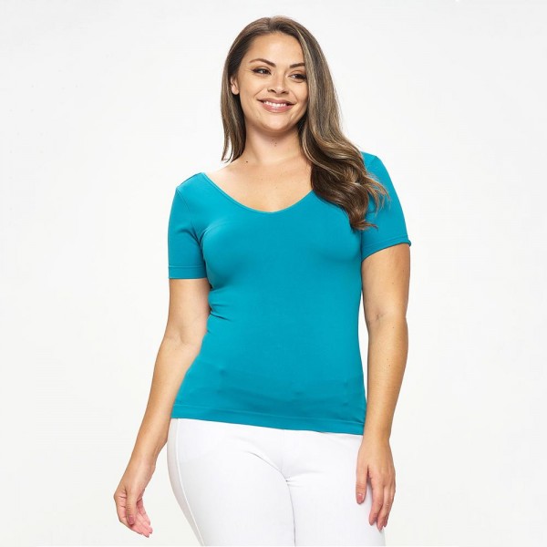 Wholesale women s Plus Seamless Reversible V Neck Short Sleeve Top Fitted Silhou