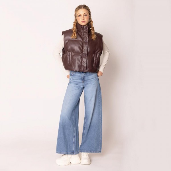 Wholesale do Everything Love Puffy Vegan Leather Cropped Vest Snap Button Zip Cl