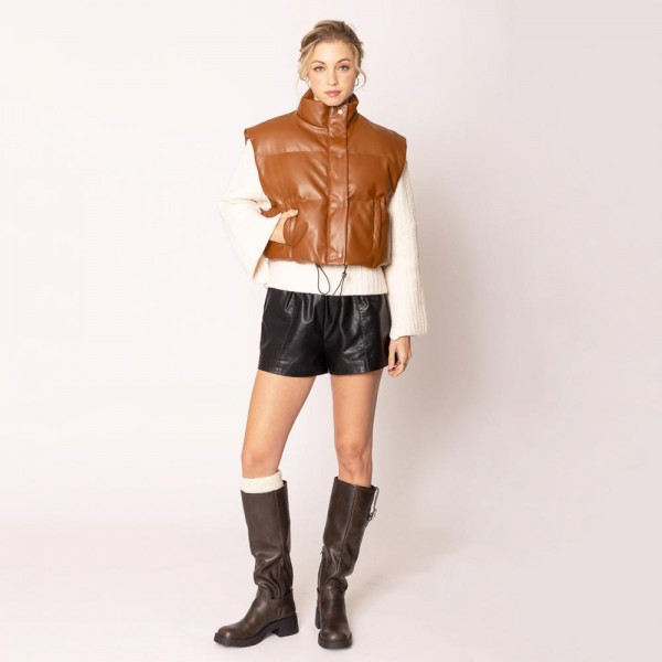 Wholesale do Everything Love Puffy Vegan Leather Cropped Vest Snap Button Zip Cl