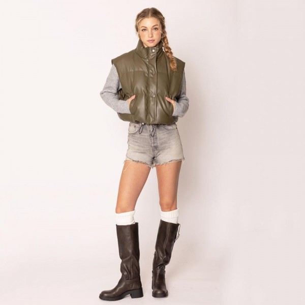 Wholesale do Everything Love Puffy Vegan Leather Cropped Vest Snap Button Zip Cl