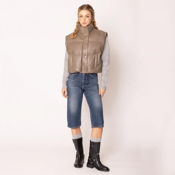 Wholesale do Everything Love Puffy Vegan Leather Cropped Vest Snap Button Zip Cl