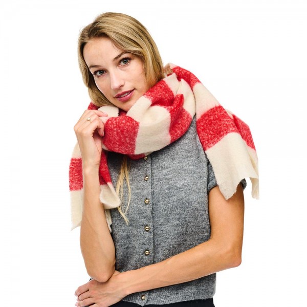 Wholesale fuzzy Knit Striped Scarf Frayed Edge Detail L W Polyester