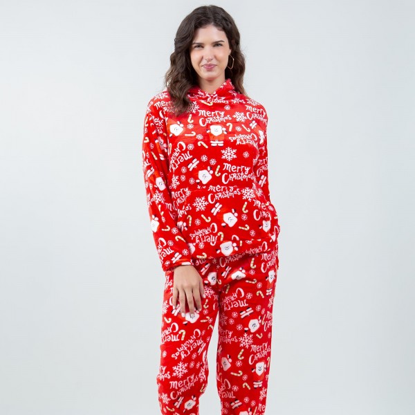 Wholesale super Soft Fleece Merry Christmas Santa Hooded Pajama Set Front Pouch