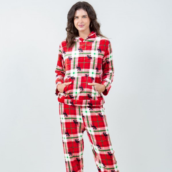 Wholesale super Soft Fleece Plaid Moose Hooded Pajama Set Front Pouch Pocket Ins