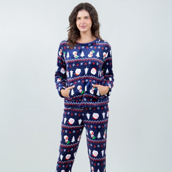 Wholesale super Soft Fleece Nordic Christmas Tree Snowman Pajama Set Front Pouch