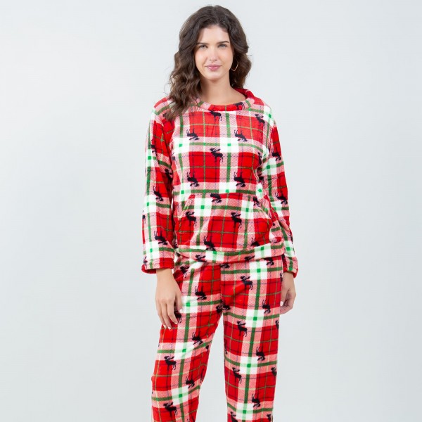 Wholesale super Soft Fleece Plaid Moose Pajama Set Front Pouch Pocket Inseam S M