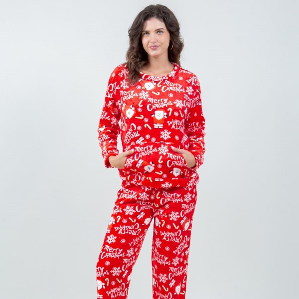 Wholesale super Soft Fleece Merry Christmas Santa Pajama Set Front Pouch Pocket
