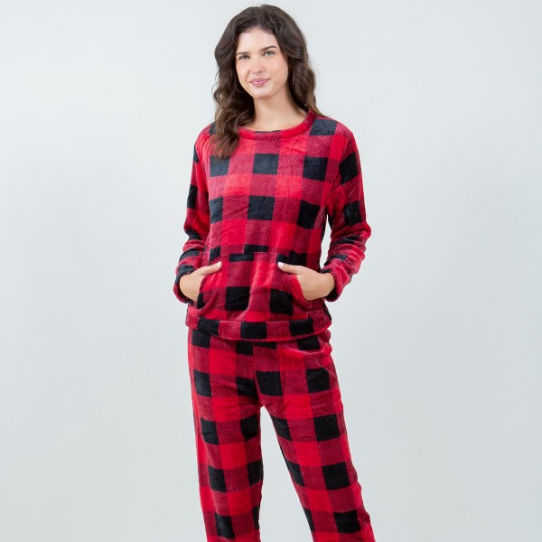 Wholesale super Soft Fleece Plaid Pajama Set Front Pouch Pocket Inseam S M Fits