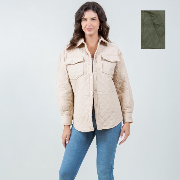 Wholesale light Weight Quilted Shacket Collar Pack Snap Button Closure Two Snap