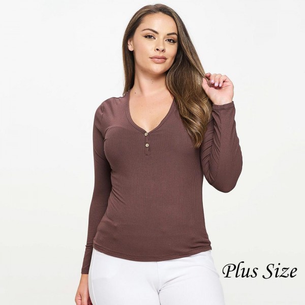 Wholesale plus Long Sleeve Ribbed V Neck Top Pack Ribbed Two Buttons Relaxed Fit