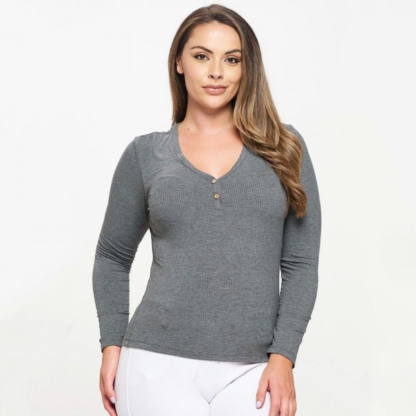 Wholesale plus Long Sleeve Ribbed V Neck Top Pack Relaxed Fitted Silhouette Two