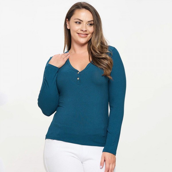 Wholesale plus Long Sleeve Ribbed V Neck Top Pack Relaxed Fitted Silhouette Two