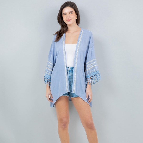 Wholesale lightweight Kimono Aztec Stitch Detail Fringe Sleeves One Fits Most Po