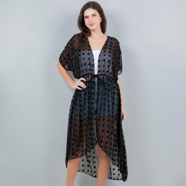 Wholesale long Sheer Swim Suit Cover Up Fuzzy Polka Dot Details Drawstring Closu