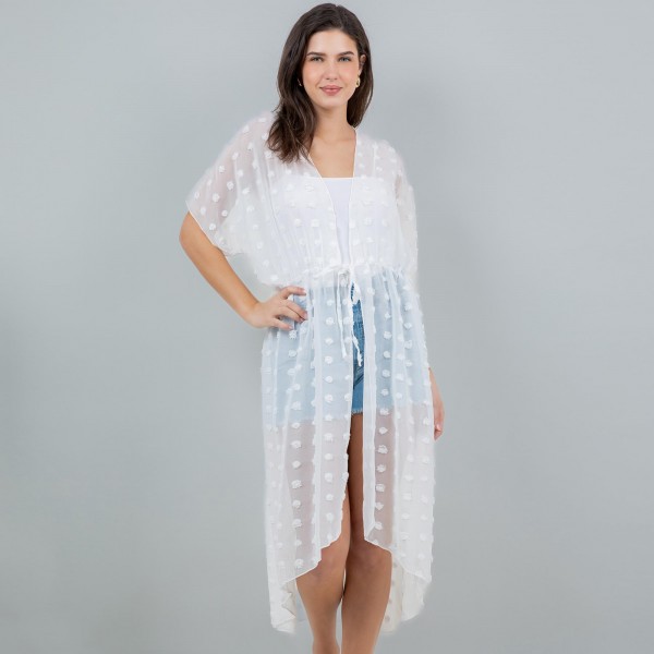 Wholesale long Sheer Swim Suit Cover Up Fuzzy Polka Dot Details Drawstring Closu