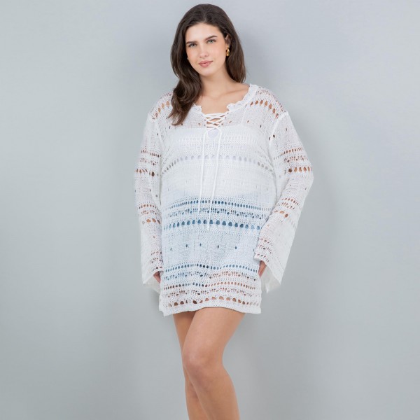 Open Knit Flare Sleeve Swim Suit Cover Up With Cross String Tie Detail - One Size Fits Most (0-14) - 100% Polyester view 5