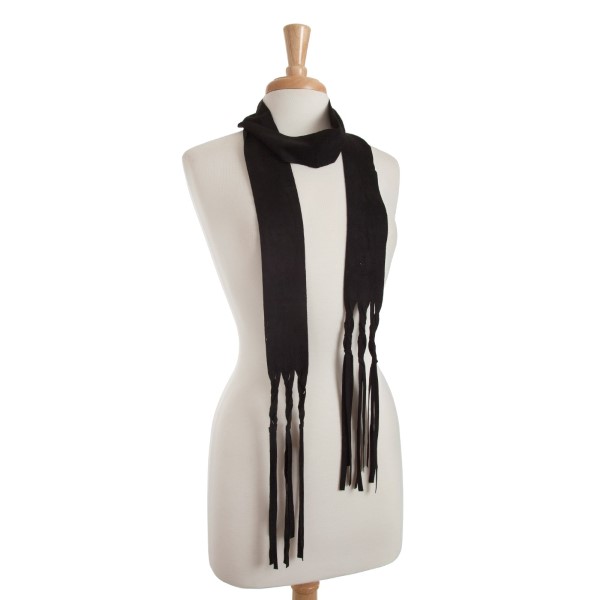Wholesale black faux suede skinny scarf braided fringe detail