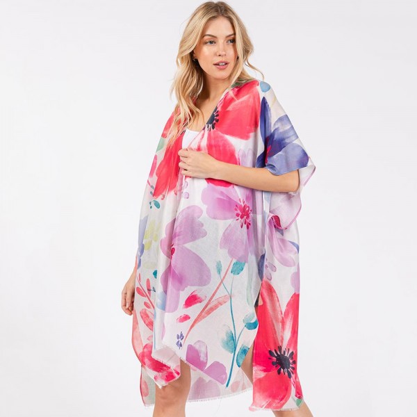 Wholesale watercolor Flower Print Kimono One Fits Most Polyester