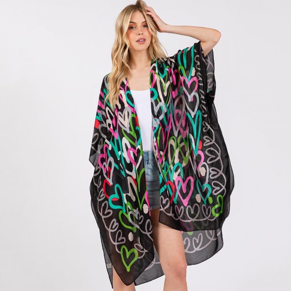 Wholesale multi Color Hearts Print Silky Kimono One Fits Most Polyester