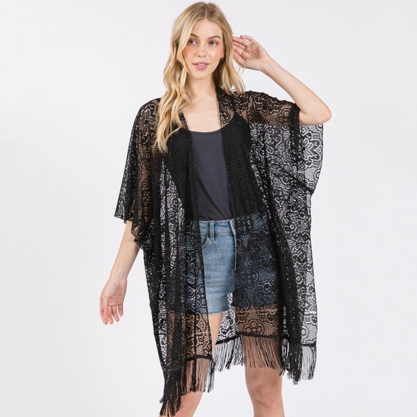 Flower Pattern Crochet Lace Kimono With Fringe Details 

- One Size Fits Most 
- 100% Polyester 