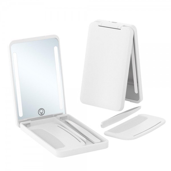 LED Compact Mirror With Comb & Tweezers

- Magnifying 
- USB Rechargeable (Charger Included)
- Diming 
- Approximately 4.75" T X 3" L
