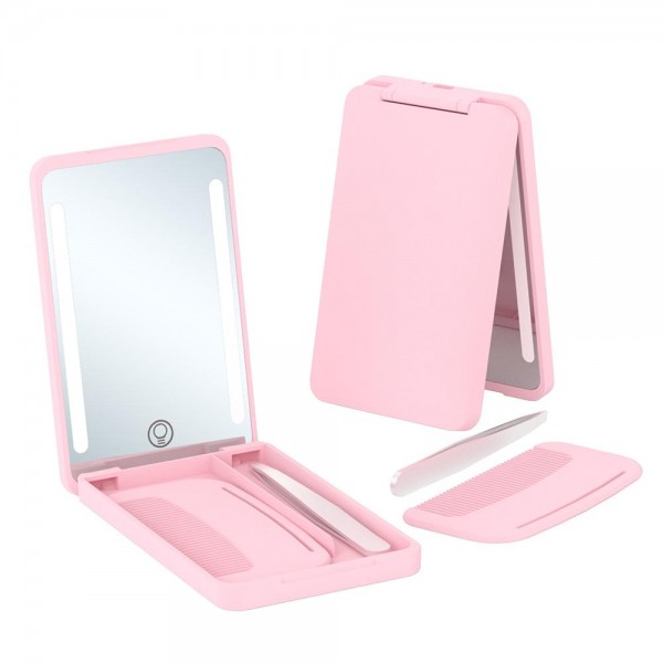 LED Compact Mirror With Comb & Tweezers

- Magnifying 
- USB Rechargeable (Charger Included)
- Diming 
- Approximately 4.75" T X 3" L
