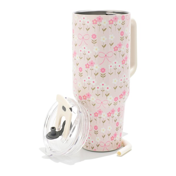 Pink & White Flowers Printed 40oz Double Wall Stainless Steel Vacuum Tumbler With Handle

- Screw On Matching Lid With Contrast Grip Featuring 3 Positions (Straw, Wide Mouth & Full Cover)
- Sturdy Handle (3.5" W Handle Opening)
- Straw Included (12" L) *
- Removeable Mouth Piece
- Approximately 9.5" L X 3.5" D
- Cup Holder Friendly Design