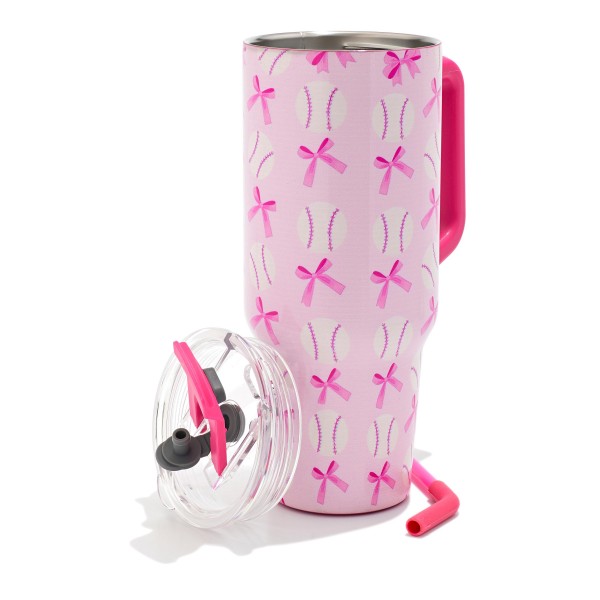 Baseball & Bows Printed 40oz Double Wall Stainless Steel Vacuum Tumbler With Handle

- Screw On Matching Lid With Contrast Grip Featuring 3 Positions (Straw, Wide Mouth & Full Cover)
- Sturdy Handle (3.5" W Handle Opening)
- Straw Included (12" L) *
- Removeable Mouth Piece
- Approximately 9.5" L X 3.5" D
- Cup Holder Friendly Design