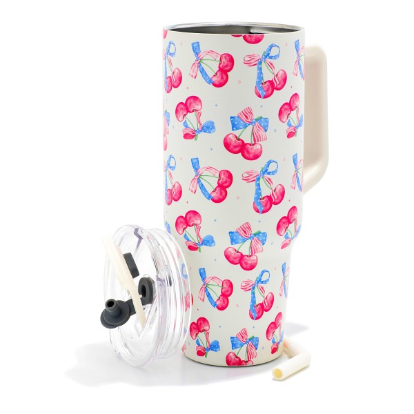 Cherries & Americana Bow Printed 40oz Double Wall Stainless Steel Vacuum Tumbler With Handle

- Screw On Matching Lid With Contrast Grip Featuring 3 Positions (Straw, Wide Mouth & Full Cover)
- Sturdy Handle (3.5" W Handle Opening)
- Straw Included (12" L) *
- Removeable Mouth Piece
- Approximately 9.5" L X 3.5" D
- Cup Holder Friendly Design