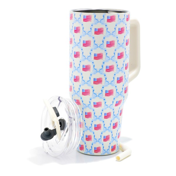 American Flag & Bows Printed 40oz Double Wall Stainless Steel Vacuum Tumbler With Handle

- Screw On Matching Lid With Contrast Grip Featuring 3 Positions (Straw, Wide Mouth & Full Cover)
- Sturdy Handle (3.5" W Handle Opening)
- Straw Included (12" L) *
- Removeable Mouth Piece
- Approximately 9.5" L X 3.5" D
- Cup Holder Friendly Design