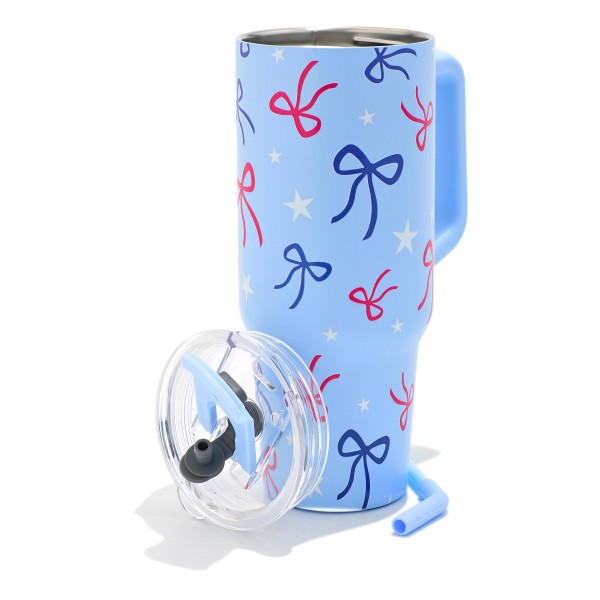 Americana Bows & Stars Printed 40oz Double Wall Stainless Steel Vacuum Tumbler With Handle

- Screw On Matching Lid With Contrast Grip Featuring 3 Positions (Straw, Wide Mouth & Full Cover)
- Sturdy Handle (3.5" W Handle Opening)
- Straw Included (12" L) *
- Removeable Mouth Piece
- Approximately 9.5" L X 3.5" D
- Cup Holder Friendly Design