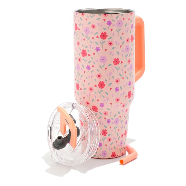 Pink & Purple Flowers Printed 40oz Double Wall Stainless Steel Vacuum Tumbler With Handle

- Screw On Matching Lid With Contrast Grip Featuring 3 Positions (Straw, Wide Mouth & Full Cover)
- Sturdy Handle (3.5" W Handle Opening)
- Straw Included (12" L) *
- Removeable Mouth Piece
- Approximately 9.5" L X 3.5" D
- Cup Holder Friendly Design