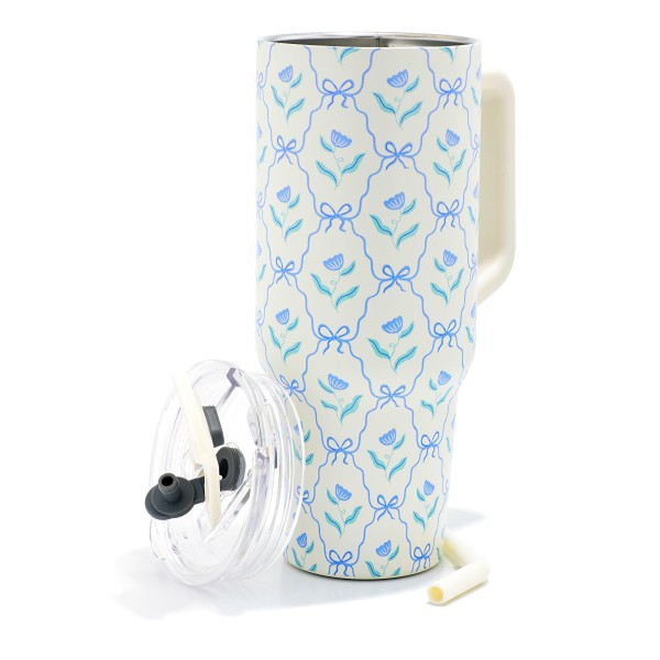 Flowers & Bows Printed 40oz Double Wall Stainless Steel Vacuum Tumbler With Handle

- Screw On Matching Lid With Contrast Grip Featuring 3 Positions (Straw, Wide Mouth & Full Cover)
- Sturdy Handle (3.5" W Handle Opening)
- Straw Included (12" L) *
- Removeable Mouth Piece
- Approximately 9.5" L X 3.5" D
- Cup Holder Friendly Design