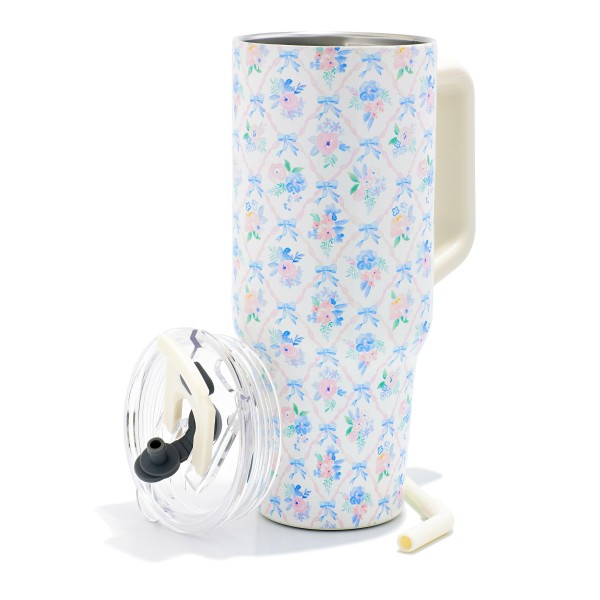 Bows & Flowers Printed 40oz Double Wall Stainless Steel Vacuum Tumbler With Handle

- Screw On Matching Lid With Contrast Grip Featuring 3 Positions (Straw, Wide Mouth & Full Cover)
- Sturdy Handle (3.5" W Handle Opening)
- Straw Included (12" L) *
- Removeable Mouth Piece
- Approximately 9.5" L X 3.5" D
- Cup Holder Friendly Design