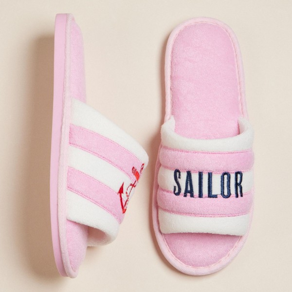 Terry Cloth "SAILOR" & Anchor Embroidered Poolside Slides (6-Pack) - Rubber Sole - Small (US 6-7), Medium (US 8-9), Large (US 10-11) - 50% Cotton, 50% Polyester view 5
