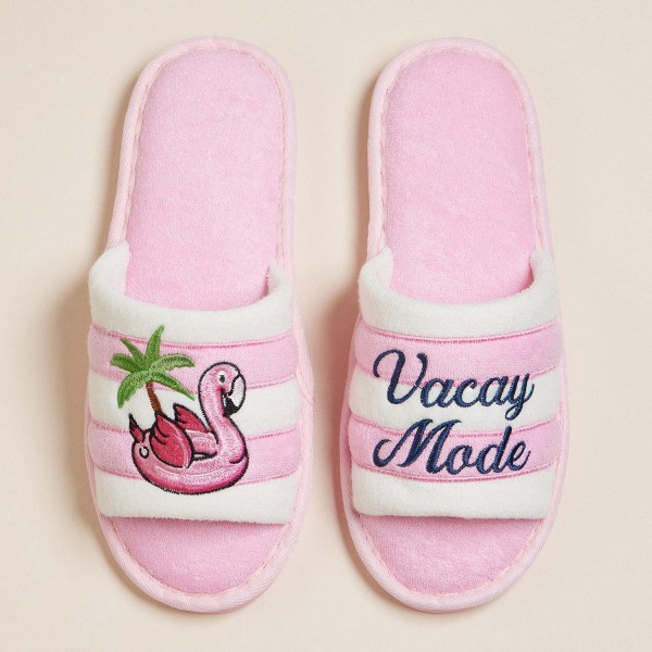 Wholesale terry Cloth Vacay Mode Flamingo Embroidered Poolside Slides Pack Rubbe