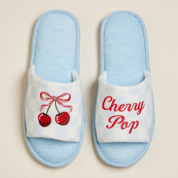 Wholesale terry Cloth Checker Cherry Pop Bow Cherries Embroidered Poolside Slide