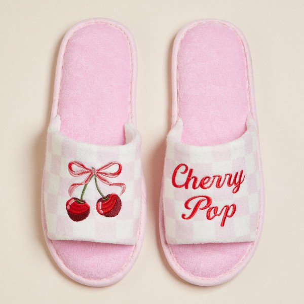 Wholesale terry Cloth Checker Cherry Pop Bow Cherries Embroidered Poolside Slide