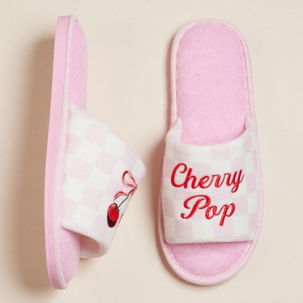 Terry Cloth Checker "Cherry Pop" & Bow Cherries Embroidered Poolside Slides (6-Pack) - Rubber Sole - Small (US 6-7), Medium (US 8-9), Large (US 10-11) - 50% Cotton, 50% Polyester view 5