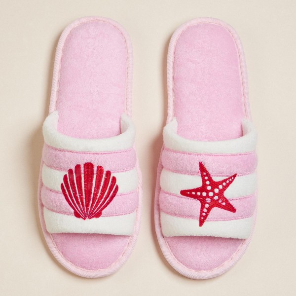 Wholesale terry Cloth Starfish Shell Embroidered Poolside Slides Pack Rubber Sol