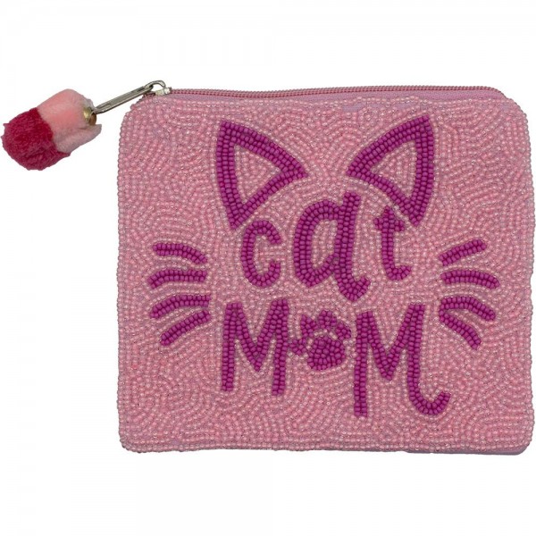 Wholesale cAT MOM Seed Beaded Canvas Bag Pom Pom Zipper Fully Lined Inside Cotto