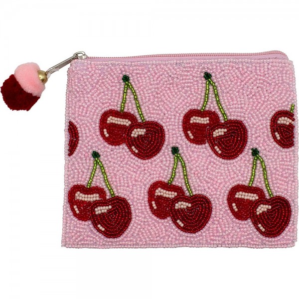 Wholesale cherries Seed Beaded Canvas Bag Pom Pom Zipper Fully Lined Inside Cott