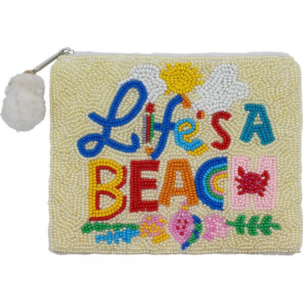 Wholesale life s BEACH Seed Beaded Canvas Bag Pom Pom Zipper Fully Lined Inside
